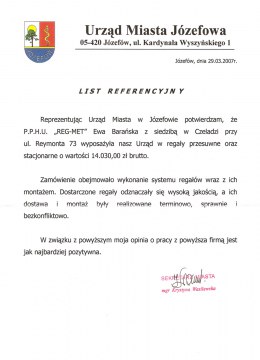List Referencyjny - Urząd Miasta Józefowa
