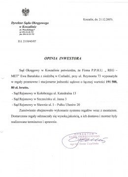 Referencje od Sądu Okręgowego w Koszalinie